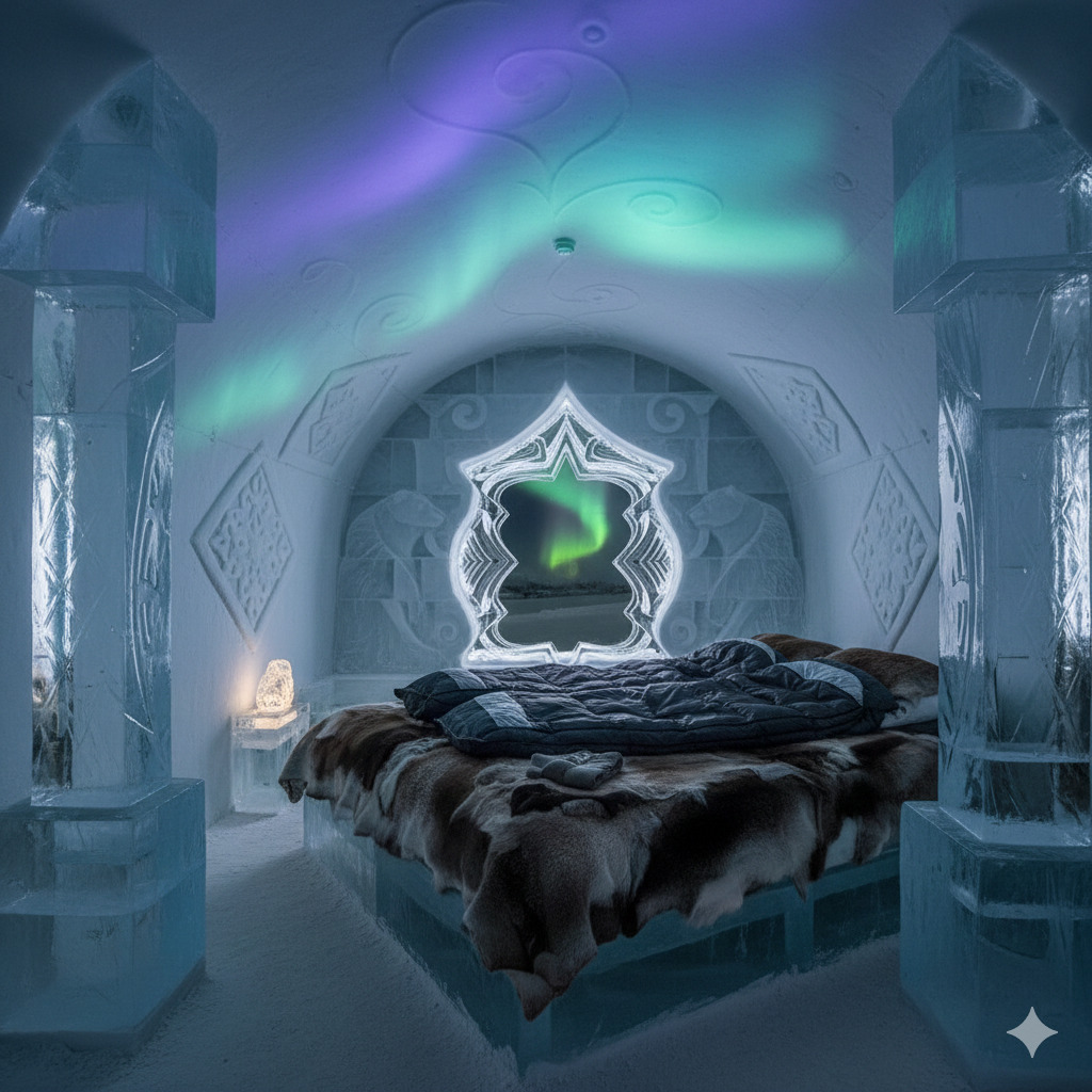 Interior of Icehotel Sweden - Unique Arctic Adventure Dream Vacation Destination